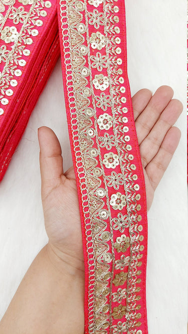 Art Silk Fabric Trim With Gold Floral Embroidery, Floral Sequins Sari Border, Trim By 9 Yards